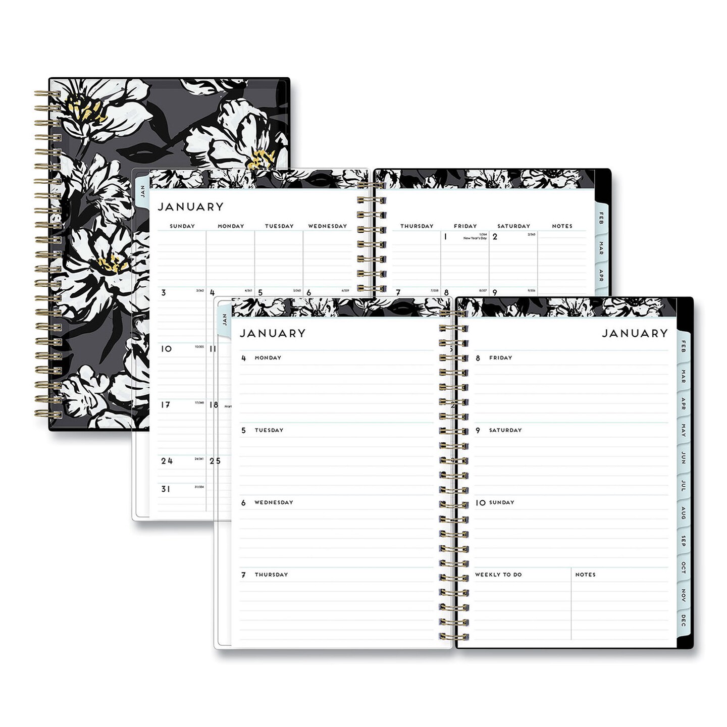 Blue Sky Baccara Dark Create-Your-Own Cover Weekly/Monthly Planner, Floral, 8 x 5, Gray/Black/Gold Cover, 12-Month (Jan-Dec): 2024