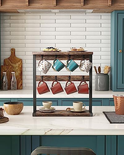 OROPY Wood Coffee Mugs Holder for Counter with 16 Hooks, 2 Tier Mugs Tree with Top Storage Shelf, Vintage Countertop Mug Rack Stand for Home Coffee Bar Storage and Display