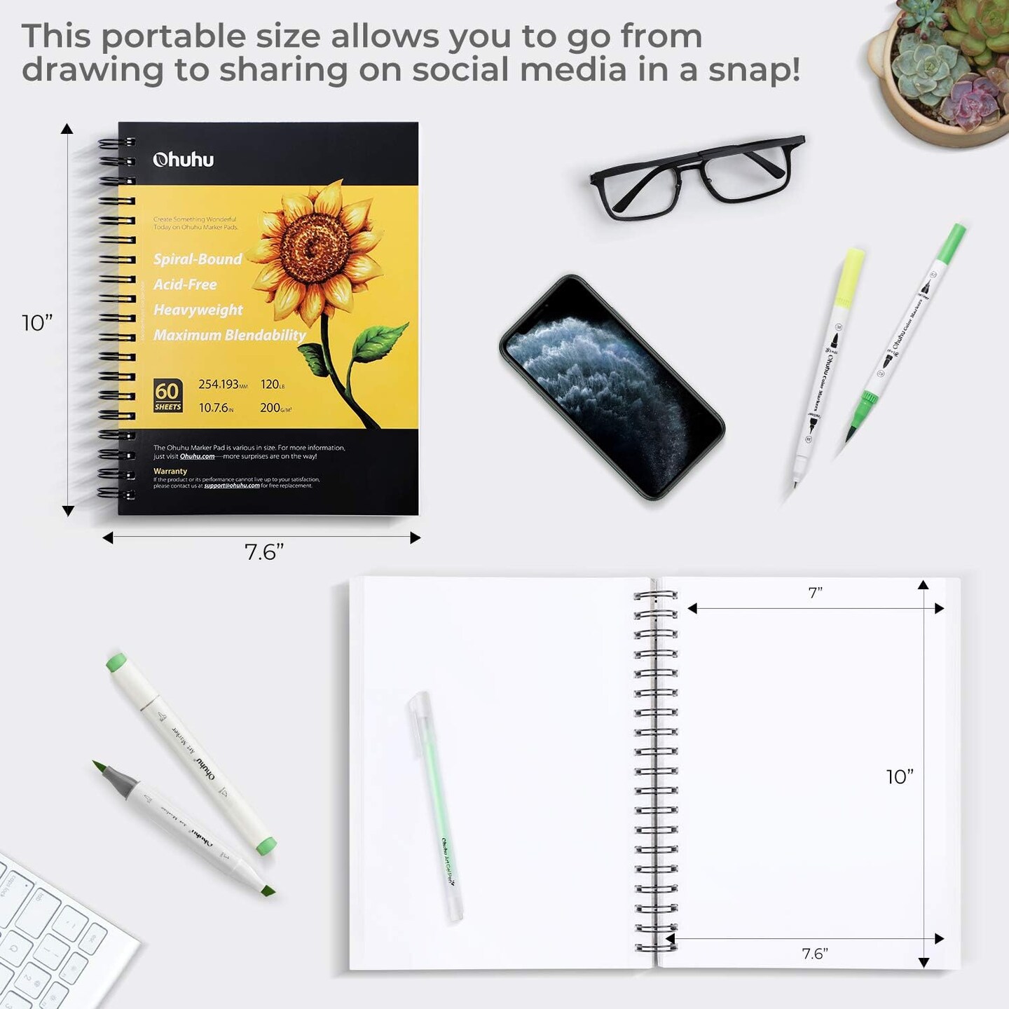 Ohuhu Marker Pads Art Sketchbook, 120LB/200GSM Heavy Smooth Drawing Papers, Spiral Bound Sketch Book for Alcohol Markers Christmas Gift