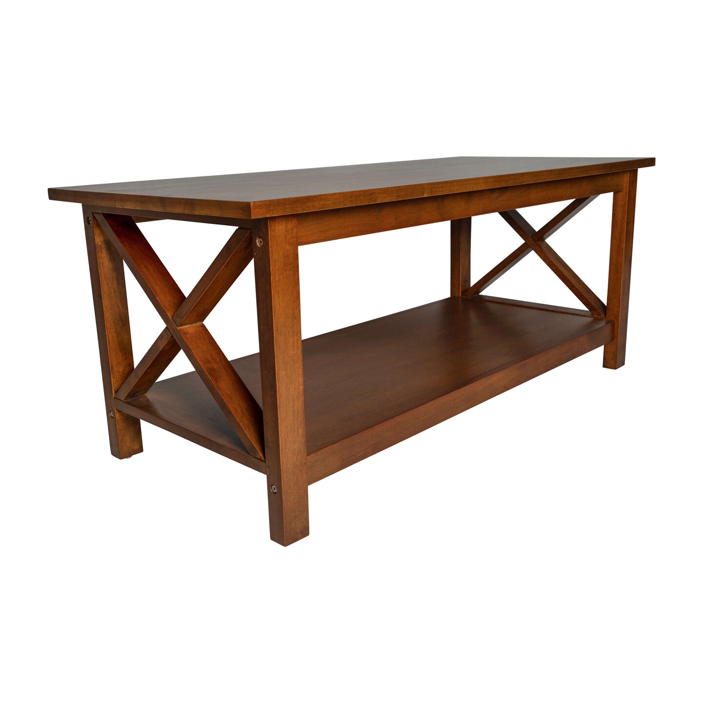 Merrick Lane Matty Rustic Coffee Table with Lower Shelf, Farmhouse Style Solid Wood Accent Table