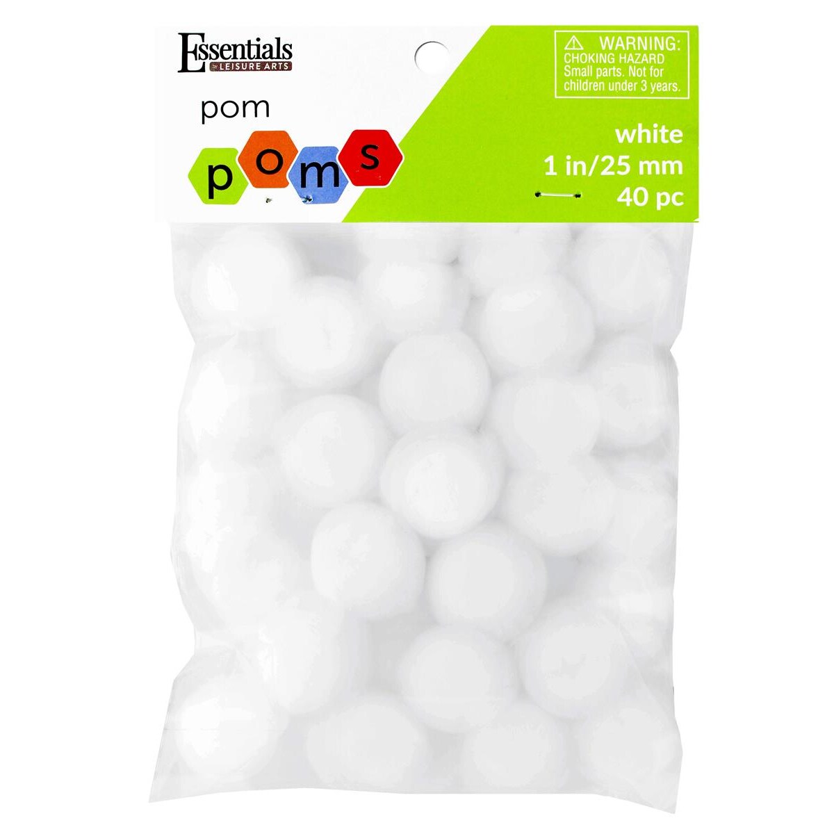 Essentials by Leisure Arts Pom Poms, White -1&#x22;, 40 Pieces per Pack