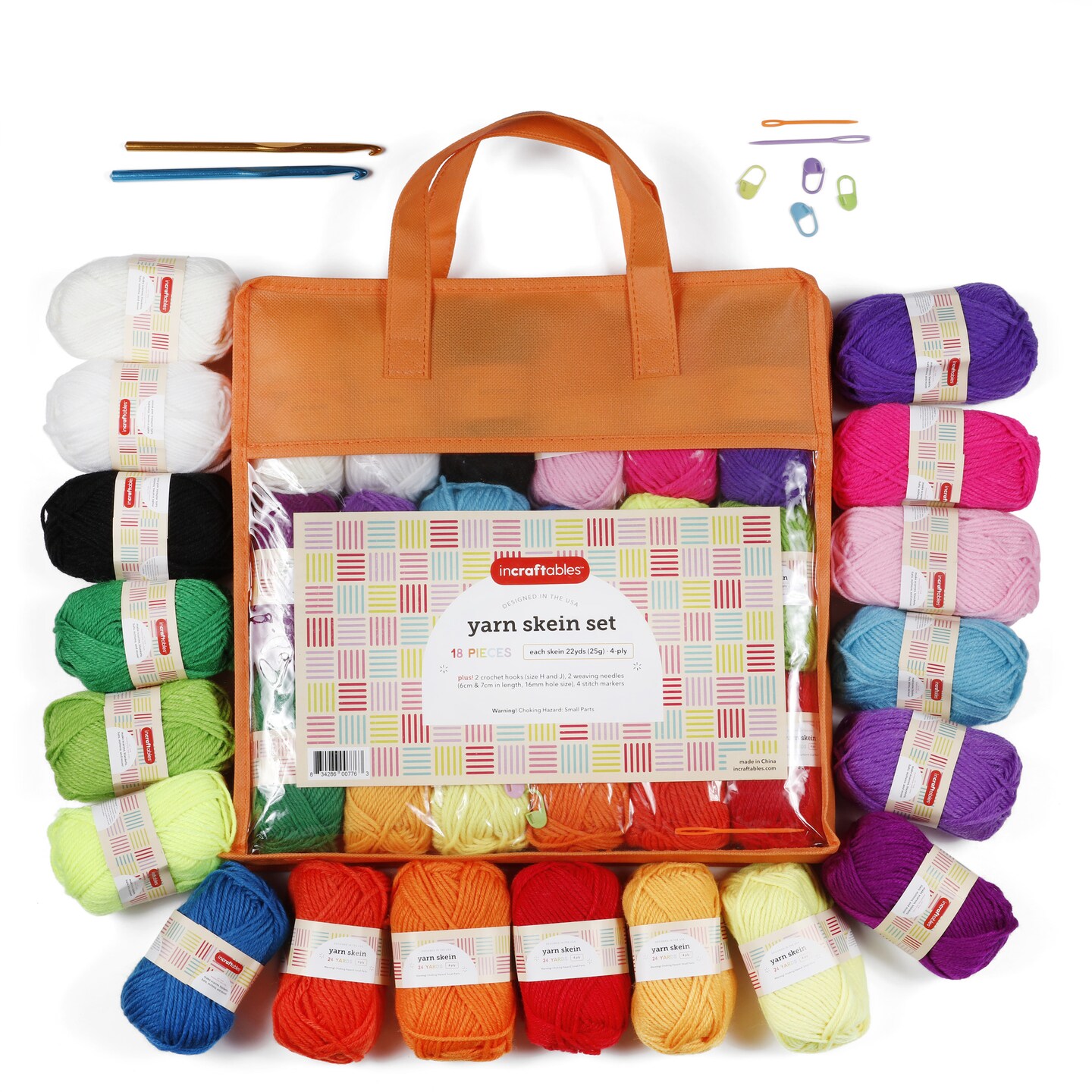 Incraftables Assorted Acrylic Yarn Skeins Set. Crochet Yarn Set w/ 18pcs Skein Bundle (22 Yards), Crochet Hooks, Needles, Stitch Markers &#x26; Bag. Yarn Variety Pack Kit for Amigurumi &#x26; Crocheting Project
