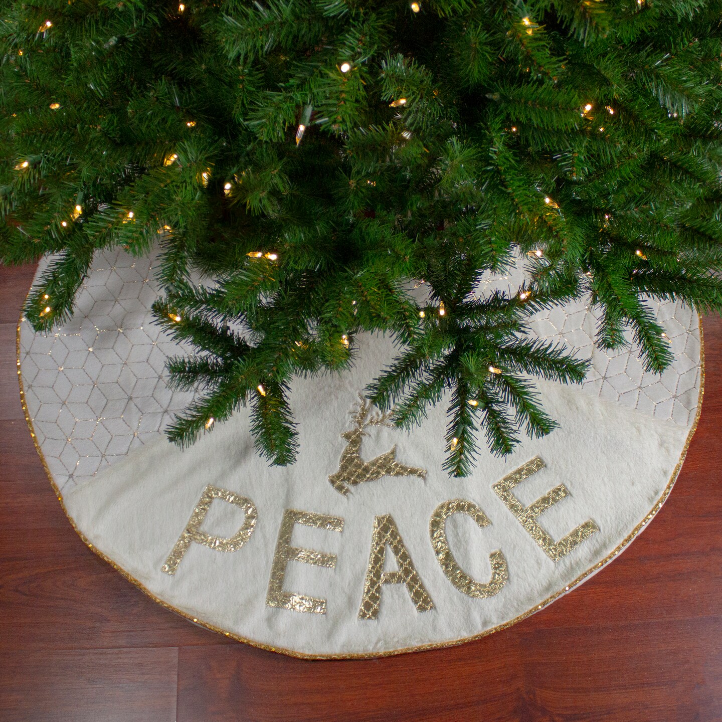 Northlight 48&#x22; Cream and Gold Peace and Reindeer Christmas Tree Skirt