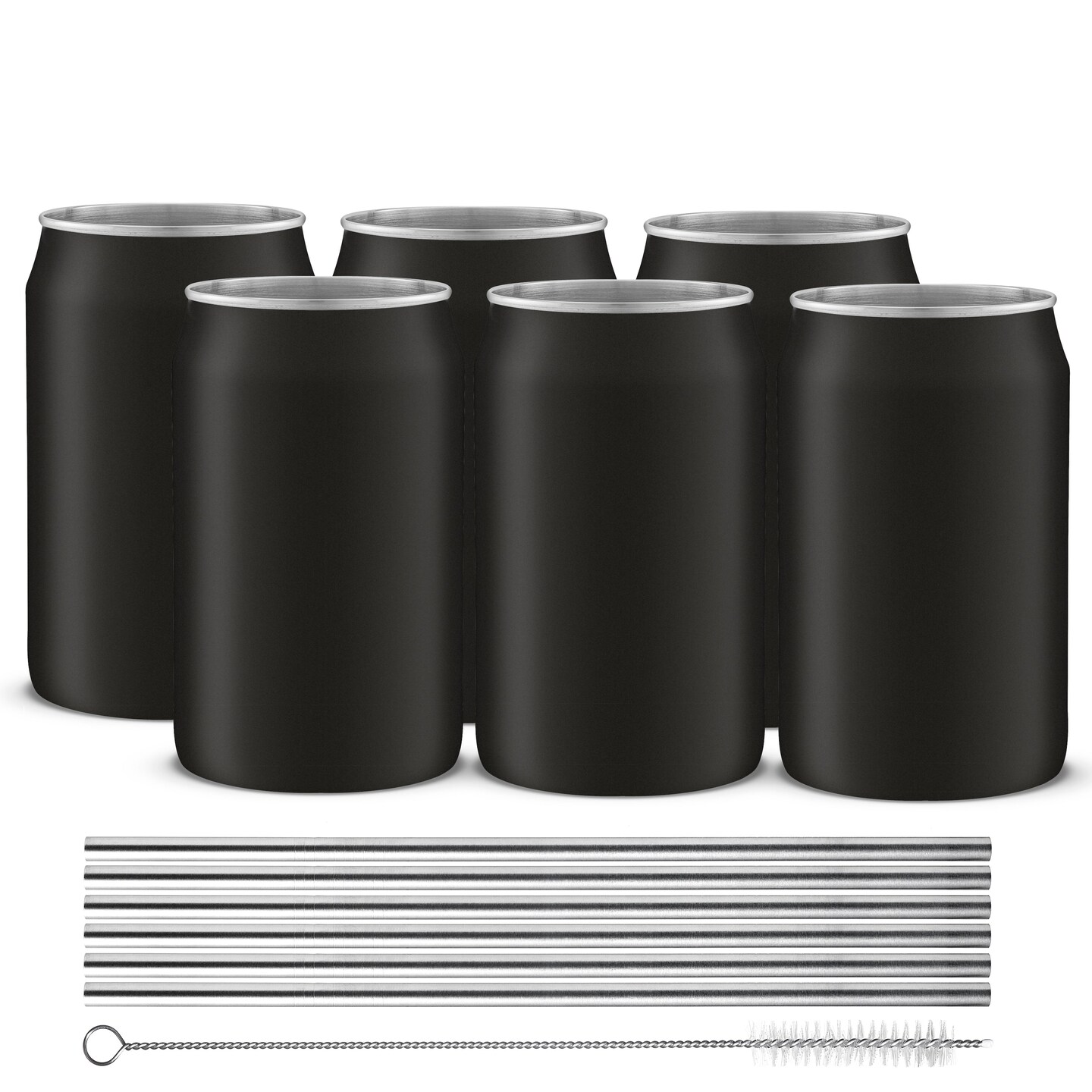 JoyJolt Stainless Steel Can Drinking Tumblers with 6 Straws &#x26; Brush- 16 oz - Black