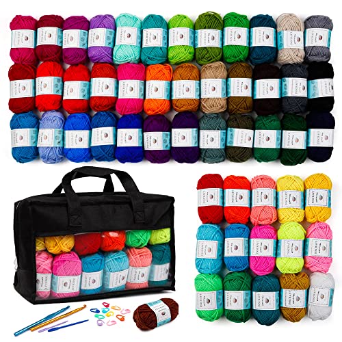 52 Acrylic Yarn Skeins, 1820 Yards 52 Colors, 2 Crochet Hooks, 2 Weaving Needles, 10 Stitch Markers, 1 Bag, for Crocheting & Knitting, Gift Beginners and Adults