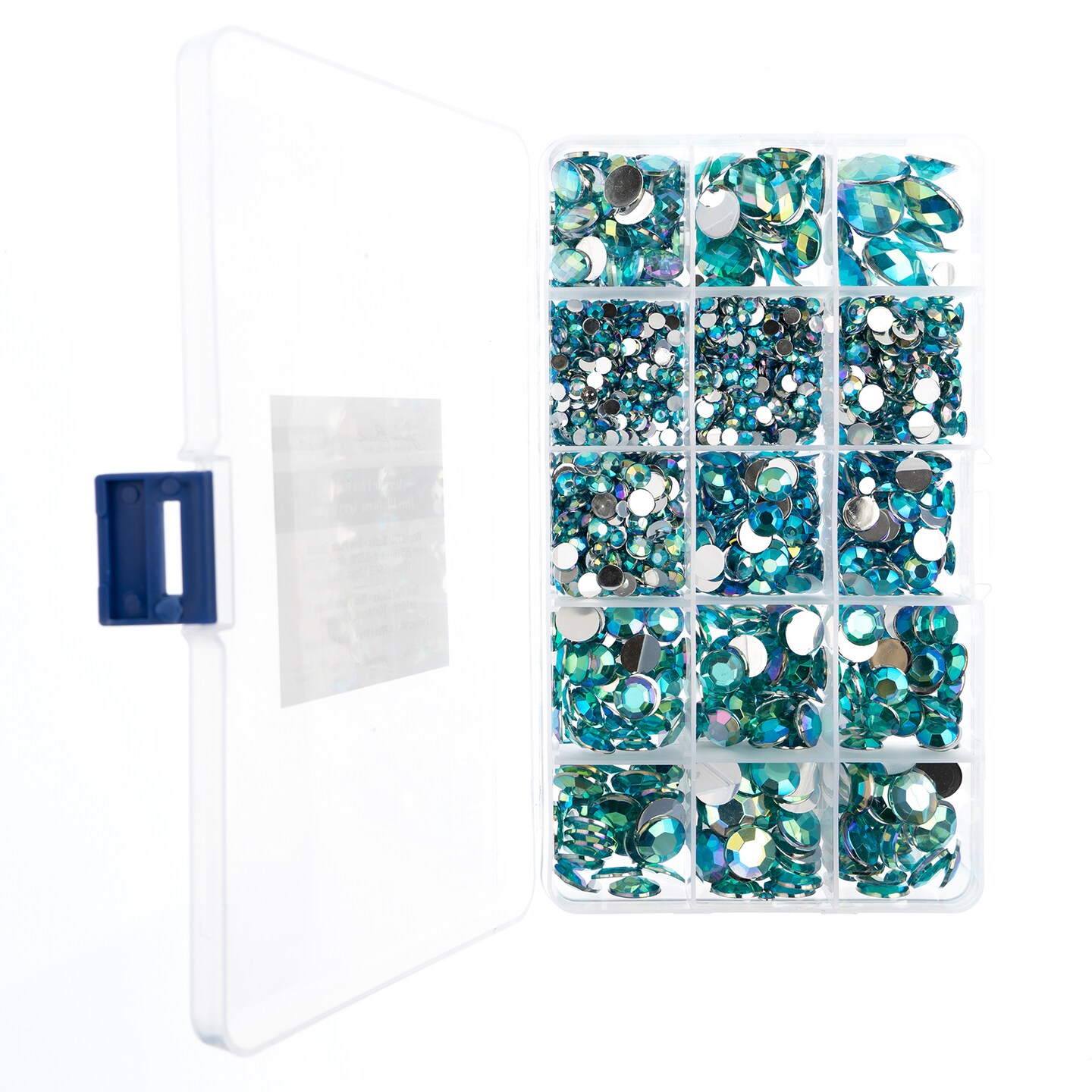 John Bead Aqua AB Assorted Round & Oval Acrylic Flat Back Rhinestones Box