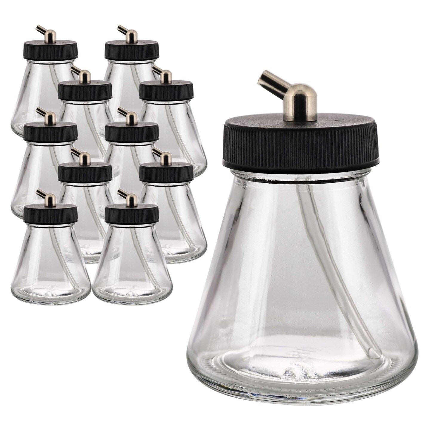 10 Pack Master Airbrush TB-004, 2.7 oz Glass Jar Bottles with 60 Down Angle Adaptor Lid Assembly, Single-Action Siphon