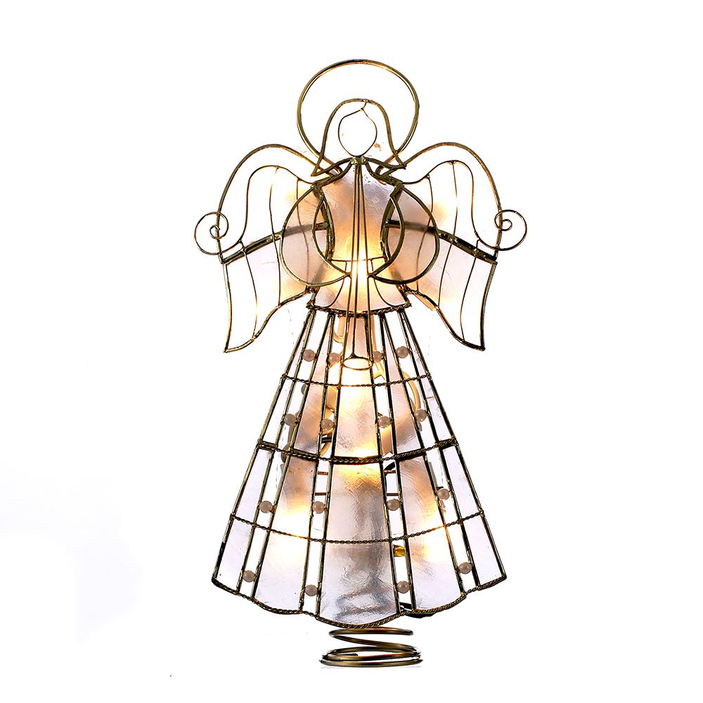 CC Christmas Decor 9.75&#x22; Brown Christmas Indoor Accent Capiz Lighted Angel Tree Topper with Vines and Pearls