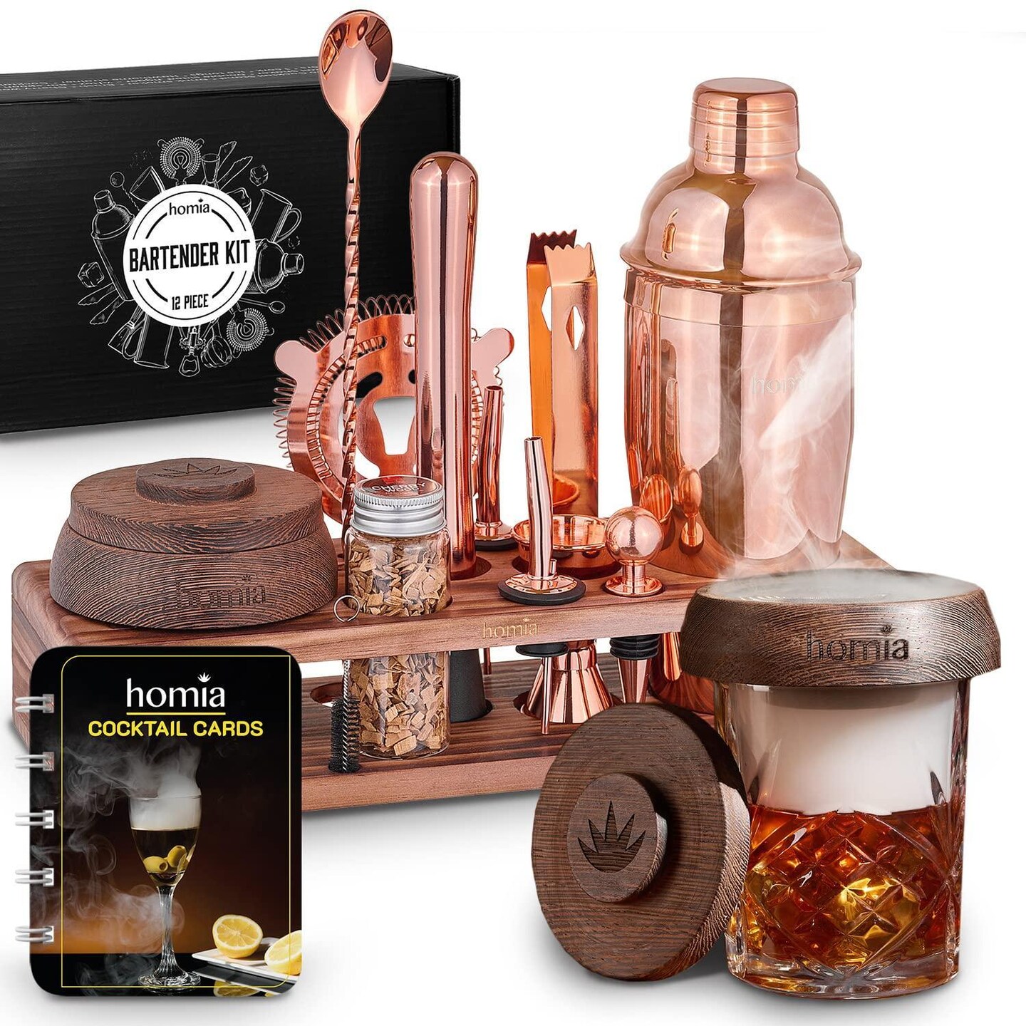 Bartender Kit with Whiskey Smoker 13 pcs Pine Stand Bar Set with Cocktail Shaker Bartending Kit with Essential Bar Accessory Tools Wood Chips Pink Gold (Torch not Included)