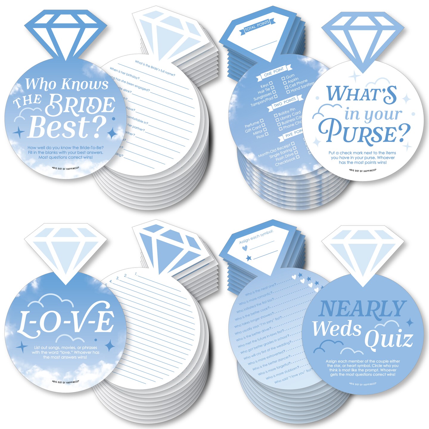 Big Dot of Happiness On Cloud 9 - 4 Bridal Shower Games - 10 Cards Each - Who Knows The Bride Best, Bride or Groom Quiz, What's in Your Purse and Love - Gamerific Bundle