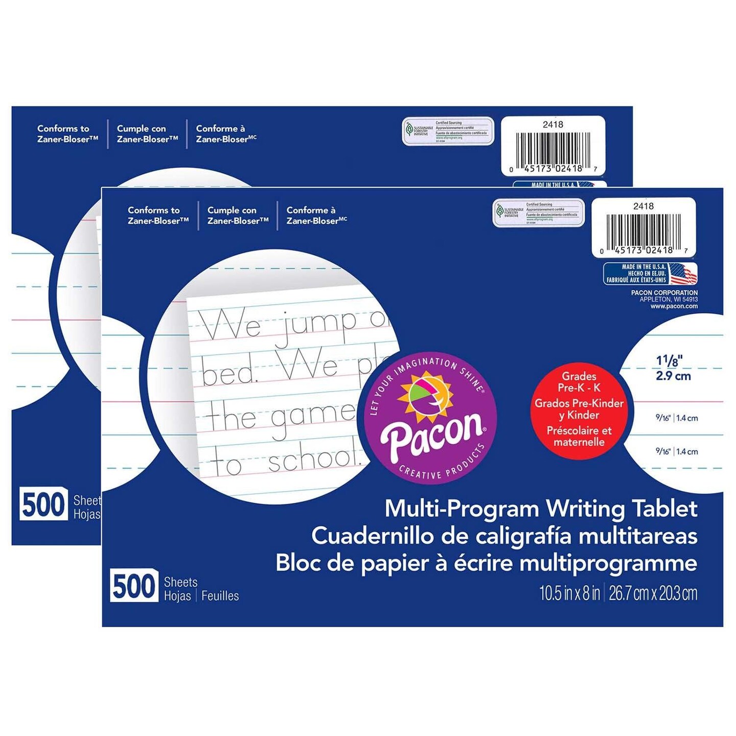 Multi-Program Handwriting Paper, 1-1/8&#x22; Ruled (Long Way), White, 10-1/2&#x22; x 8&#x22;, 500 Sheets Per Pack, 2 Packs