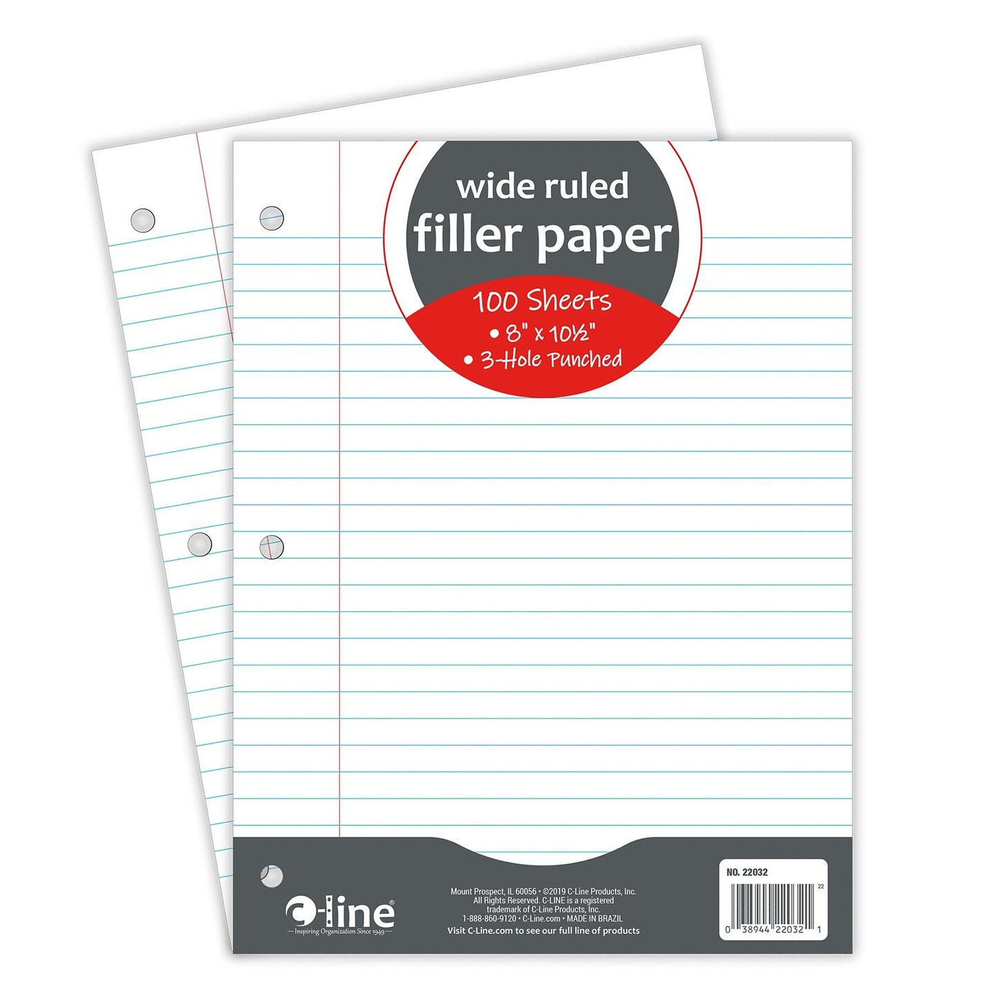 Filler Paper, Wide Ruled, 8&#x22; x 10-1/2&#x22;, White, 100 Sheets Per Pack, 12 Packs