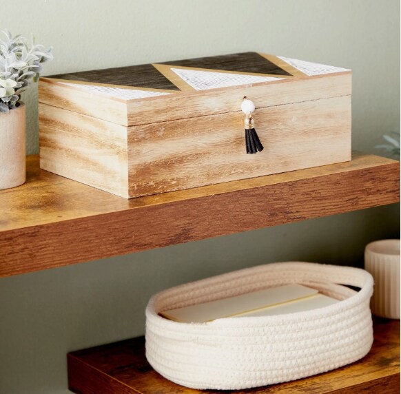 Small Wooden Decorative Box with Lid and Tassel