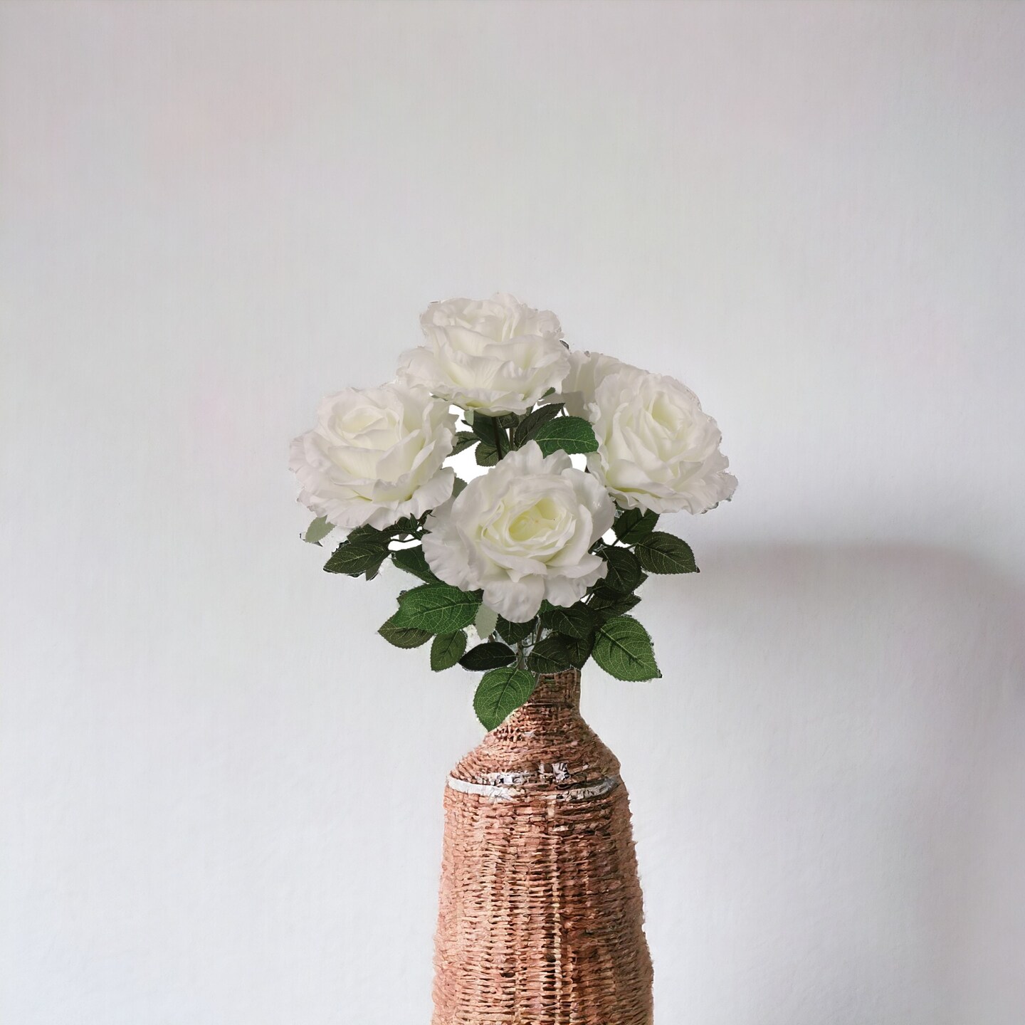 20" White Artificial Rose Bushes, Set of 6 - 7 Silk Flowers with Lush Foliage, Indoor/Outdoor Use, Perfect for Home, Weddings & Events - Year-Round Elegance, Floral Home by Artificial Flowers