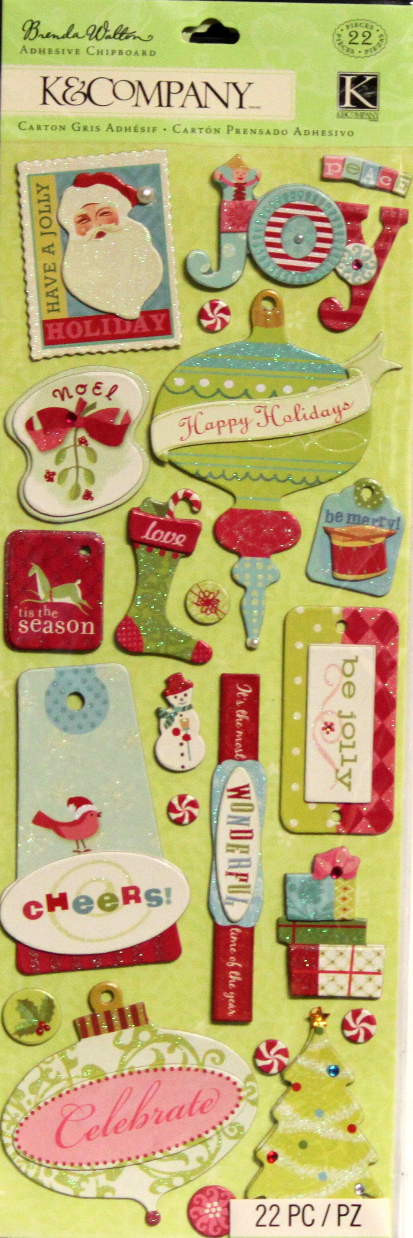 K &#x26; Company Brenda Walton Peppermint Twist Christmas Adhesive Chipboard Dimensional Stickers