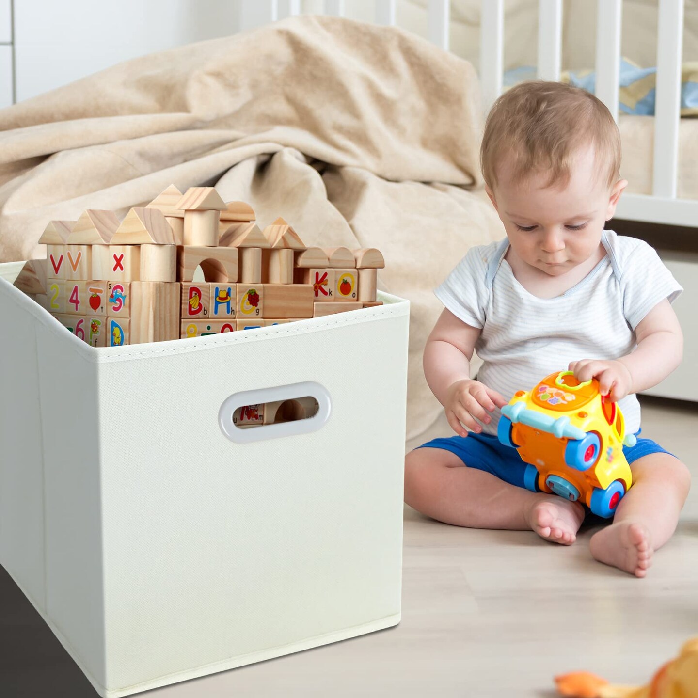 3 Pieces Fabric Storage Bins Cubes Baskets Containers-(11X11X11) with Dual Handles Cube Storage Organizer Bins for Shelf Closet, Bedroom Organizers, Foldable (Creamy- White )