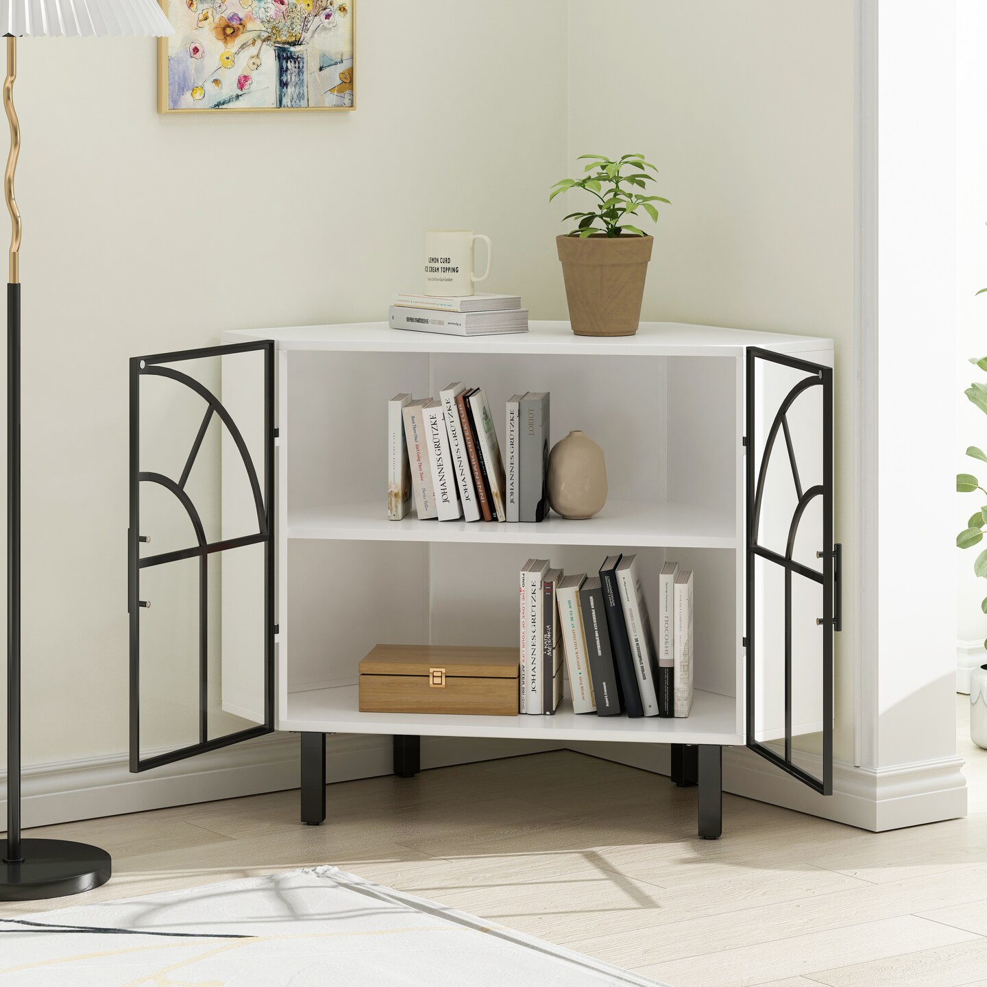 Modern White Glass Corner Cabinet | 43.65 | Stylish Storage Solution