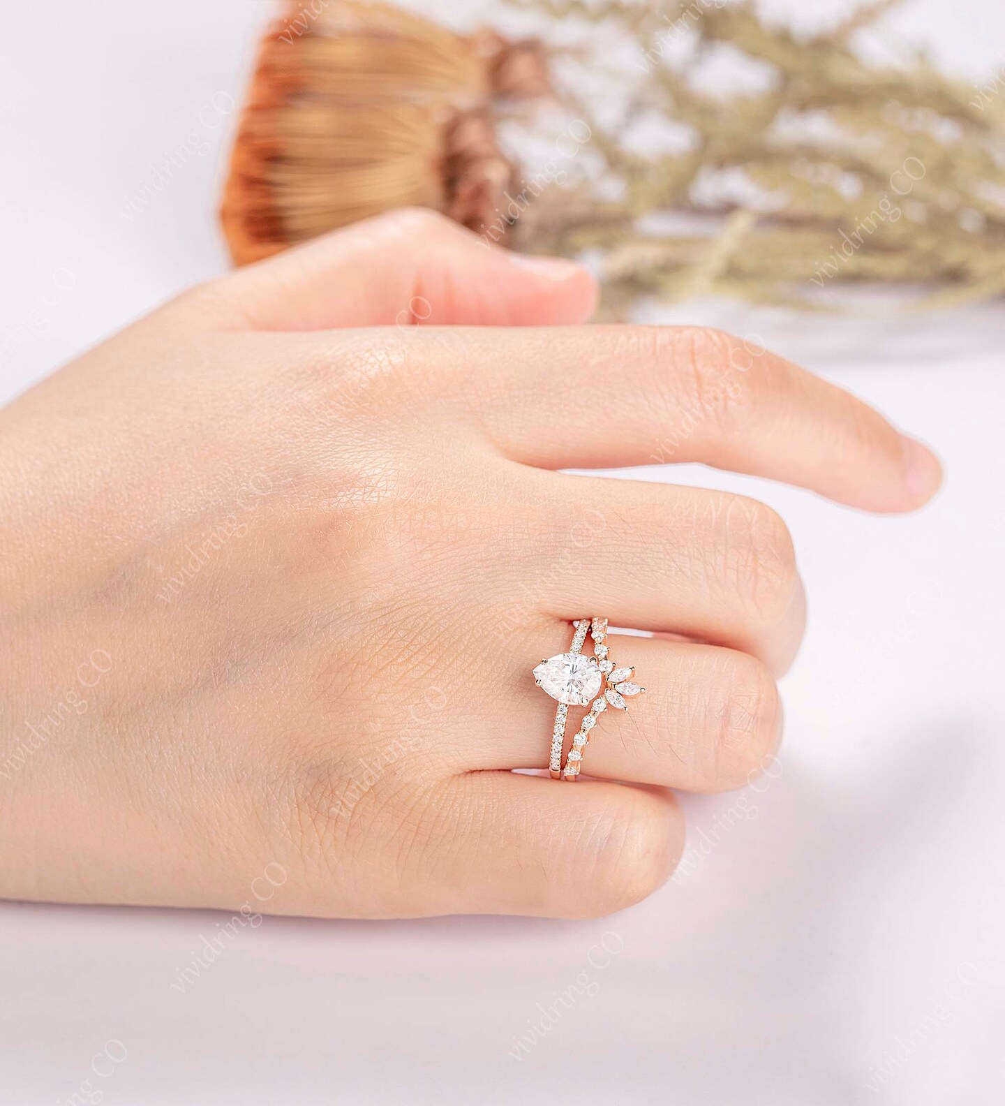 Moissanite engagement ring set, rose gold handmade bridal set, diamond wedding band, cubic zirconia wedding ring for women product 5