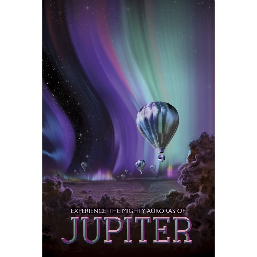 Posterazzi Retro space travel poster of the glowing auroras on planet Jupiter Poster Print by Stocktrek Images
