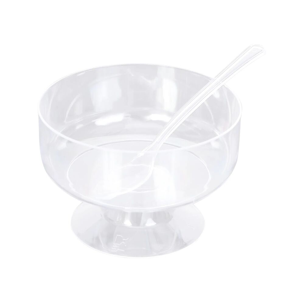 24 Clear 6 oz Disposable Footed Plastic Dessert CUPS SPOONS