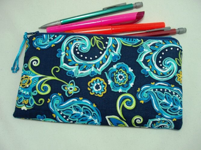 Long Padded Pencil Cosmetic Art Brush Zipper Pouch In Navy Jacobean ...