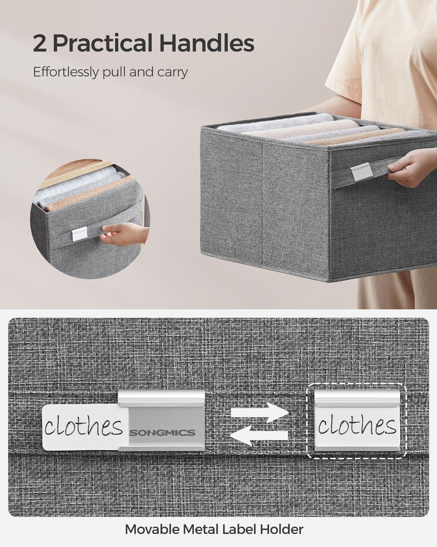 2 Pieces Storage Baskets,  Extra Large Storage Bins for Organizing, 15.7 x 11.8 x 9.8 Inches, Fabric Storage Cubes for Shelves, Easy to Clean, Foldable, 2 Handles, Dove Gray UROB240G02