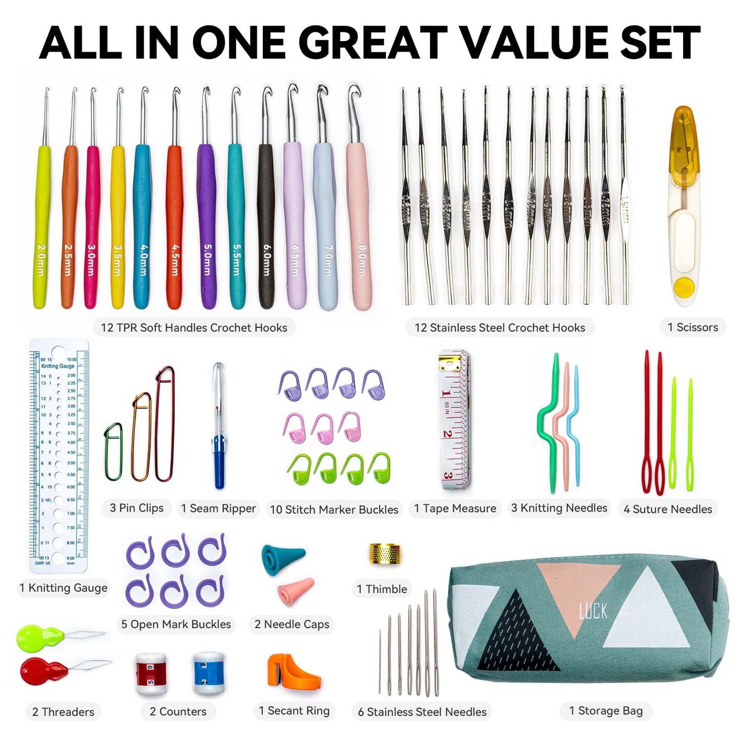 24 Sizes Crochet Needles Kit for Arthritic Hands Ergonomic Soft Grip Handles for Beginners Mothers Girls Large Crochet Supplies with 43Pcs Crochet Accessories and Storage Bag