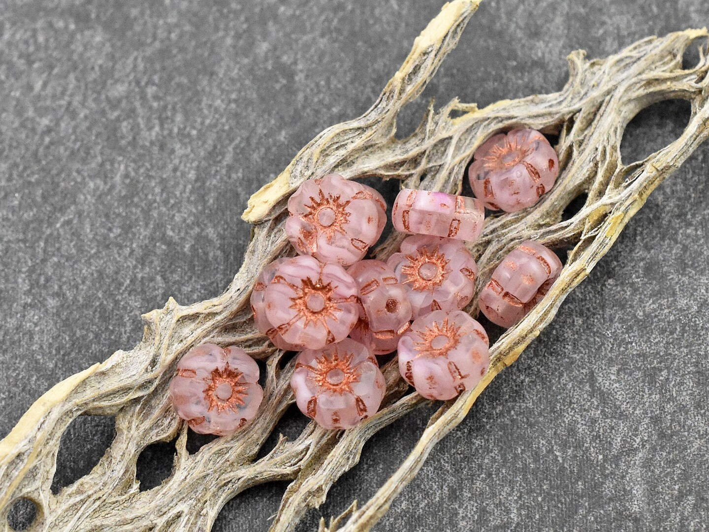 *12* 7mm Copper Washed Milky Pink Hawaiian Flower Beads