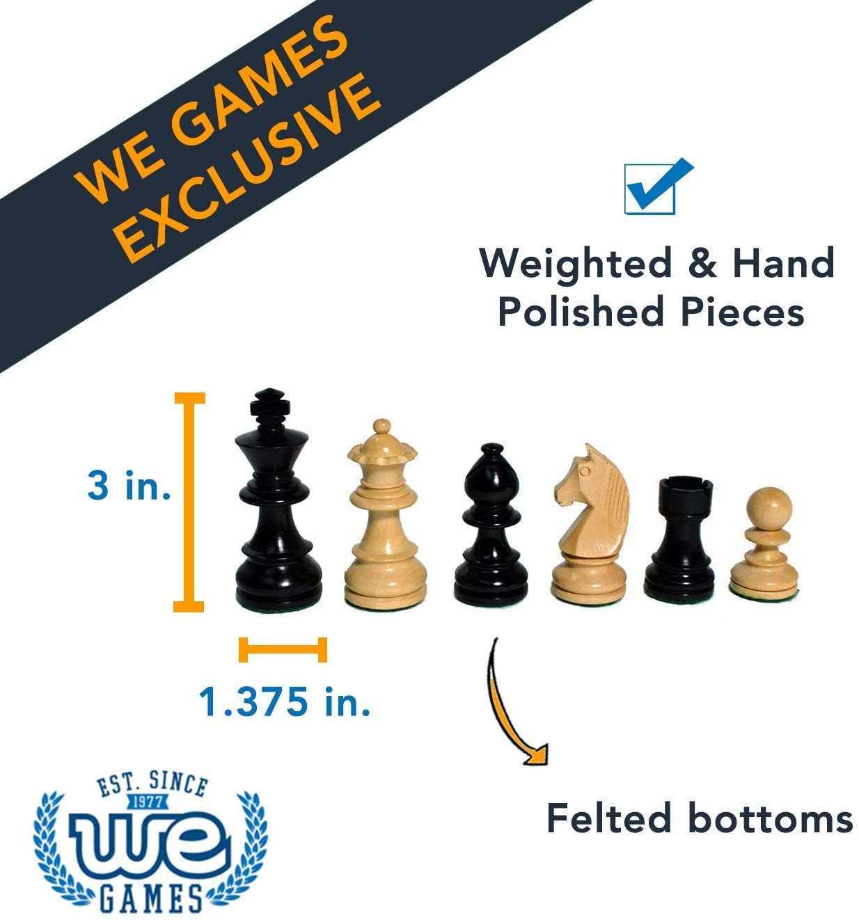 WE Games French Staunton Chess &#x26; Checkers Set - Weighted Pieces, Black Stained Wooden Board with Storage Drawers - 15 in.