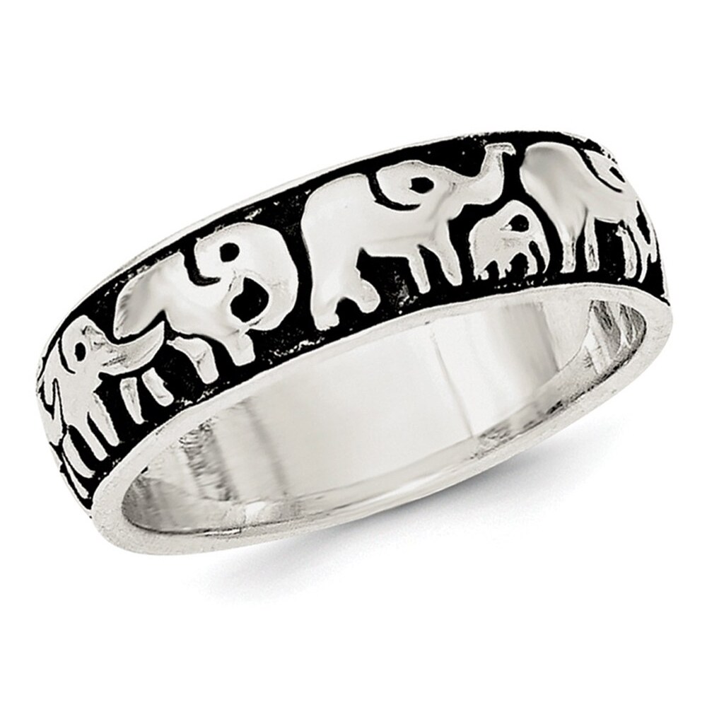 Gem And Harmony Ladies Antiqued Elephants Ring in Sterling Silver