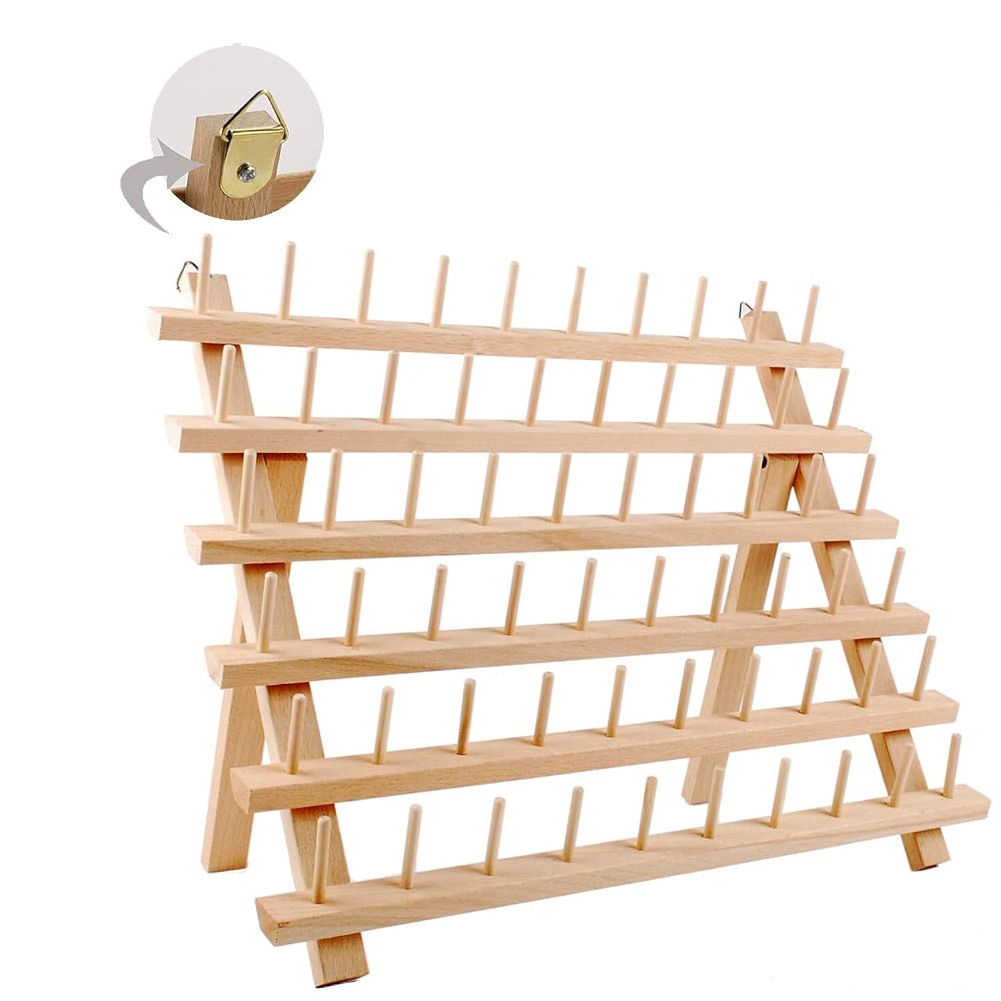 60-Spools Wooden Thread Holder Sewing And Embroidery Thread Rack And Organizer Thread Rack For Sewing With Hanging Hooks