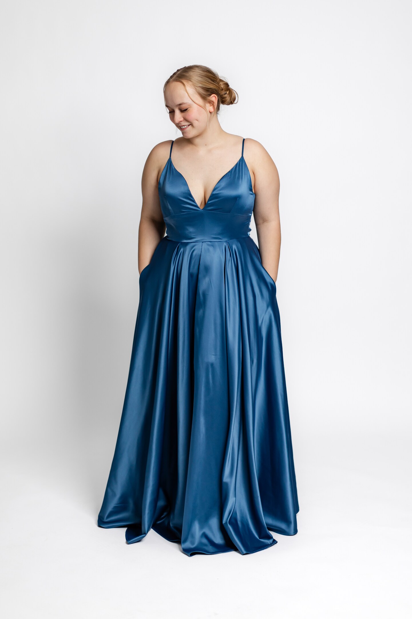 green emerald velvet dress Dusty Blue Plunging Neck Empire Slit Charmeuse Bridesmaid Dress