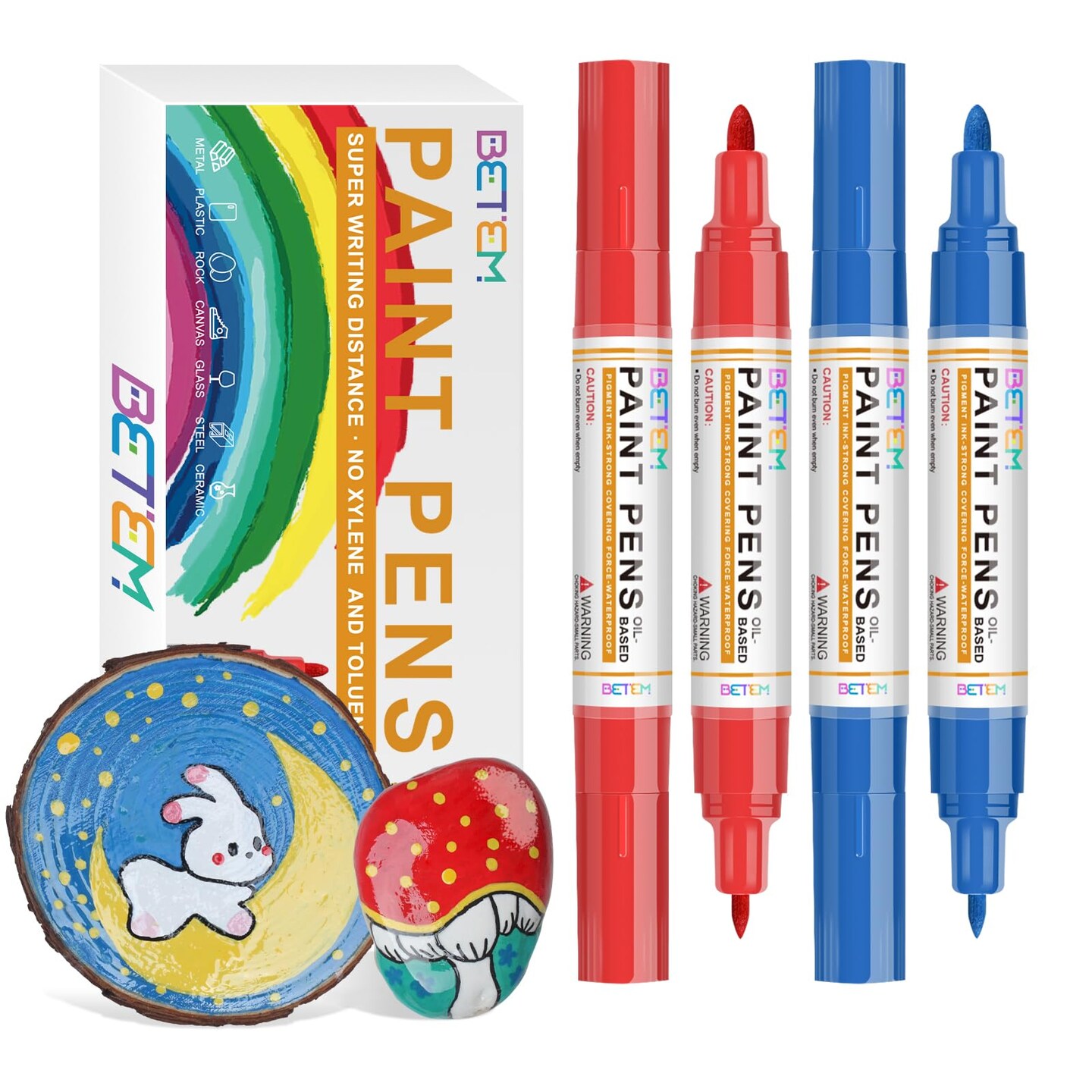 Betem Oil Based Paint Markers, Dual Tip Paint Pens(0.7mm &#x26; 3mm), Gold Silver Permanent Paint Marker Pen, Waterproof, Quick Dry, for Fabric, Rock Painting, Wood, Plastic, Metal, Canvas (2Red2Blue)