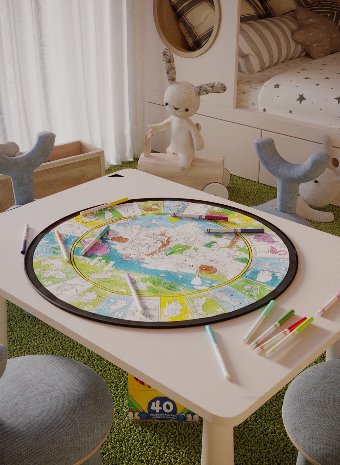 ABC&#x27;S Animals Learning Coloring Poster Washable Circle Rug Preschool Toddler Kindergarten Activity Art Homeschool Daycare Decor For Playroom
