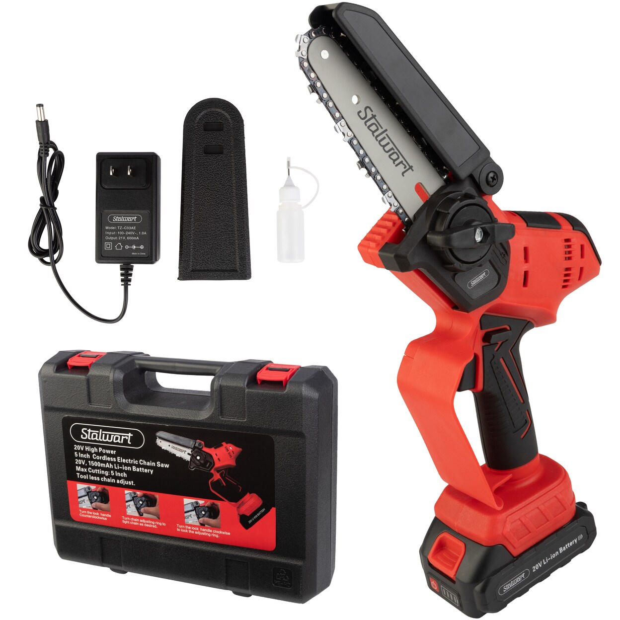 Stalwart Mini Chainsaw 5In Electric Saw 20V Lithium Ion Battery Red Black Case