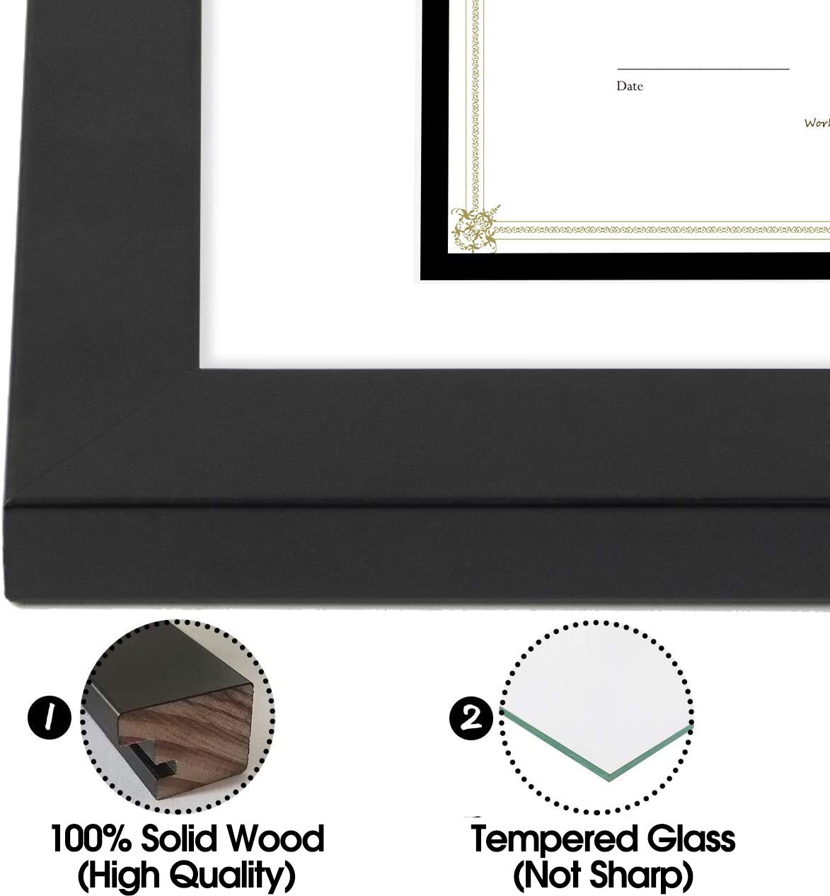 Golden State Art, 11x14 Diploma Frame for 8.5x11 Document &#x26; Certificates with Mat, Or 11x14 Without Mat, Real Glass, Double Mat (Black with White/Black, 1 Pack, Solid Wood)
