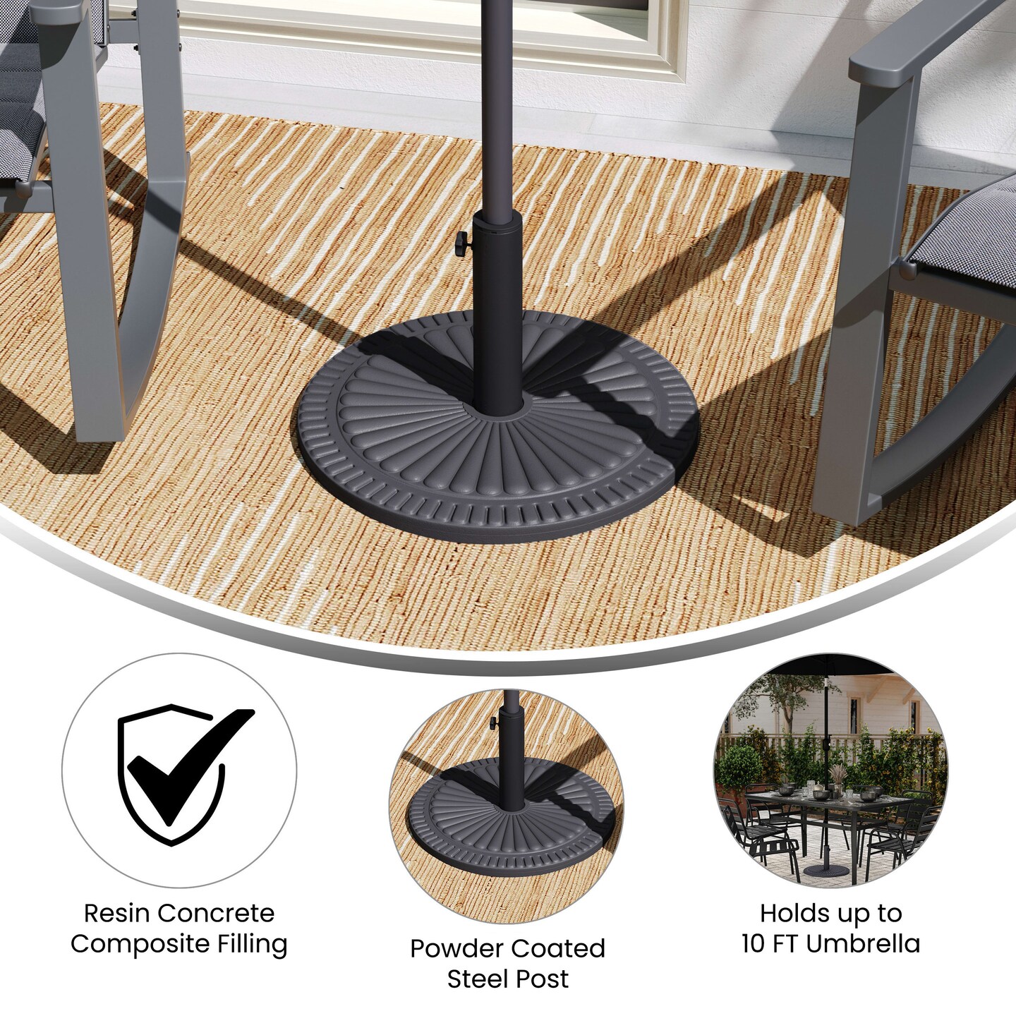 Emma and Oliver Keegan 19.25&#x22; Diameter Universal Sunburst Pattern Cement Patio Umbrella Base with Weatherproof Plastic Polymer Coating