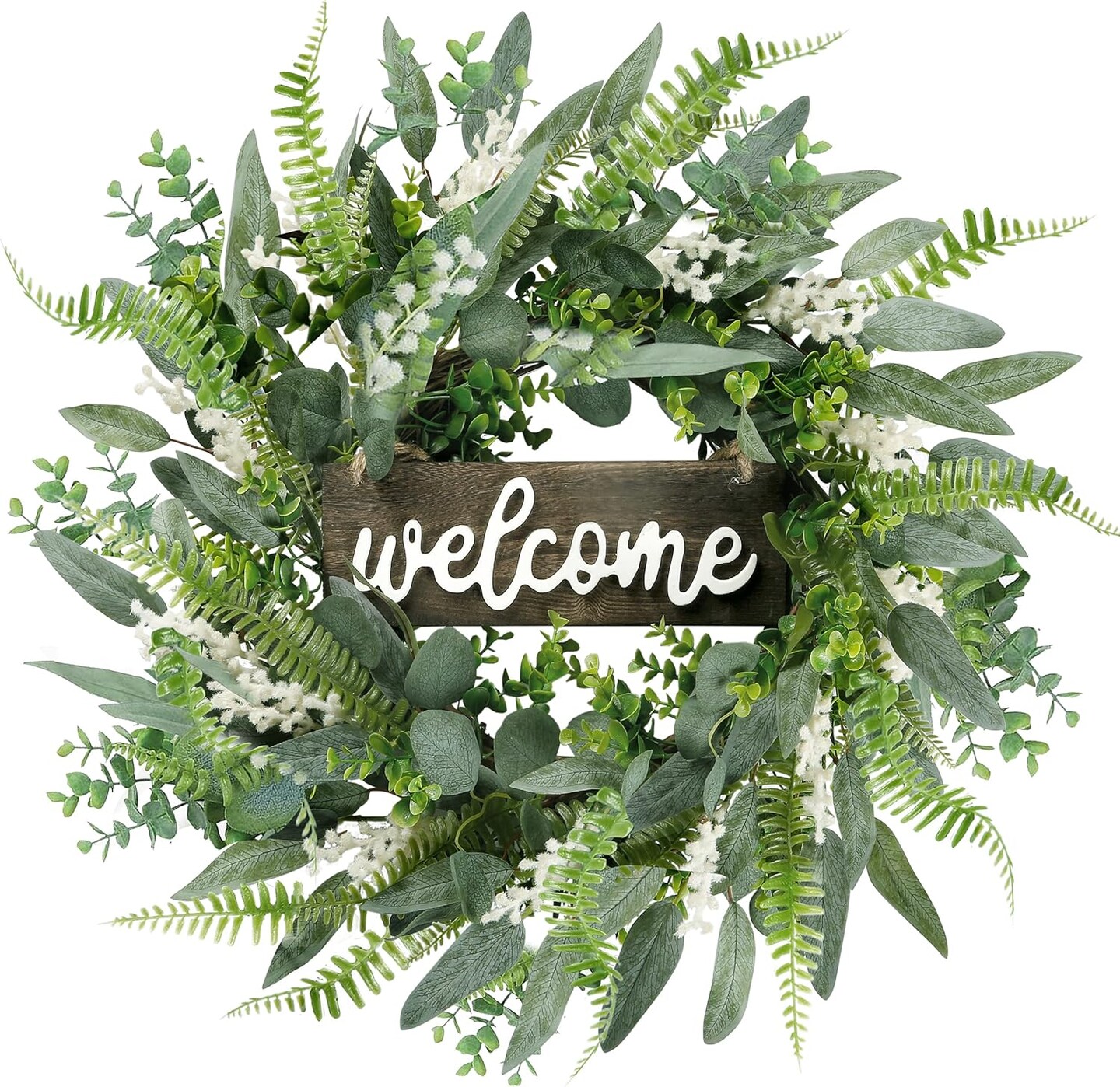 20&#x22; Eucalyptus Welcome Wreath: White Berries for Front Door &#x26; Farmhouse Decor