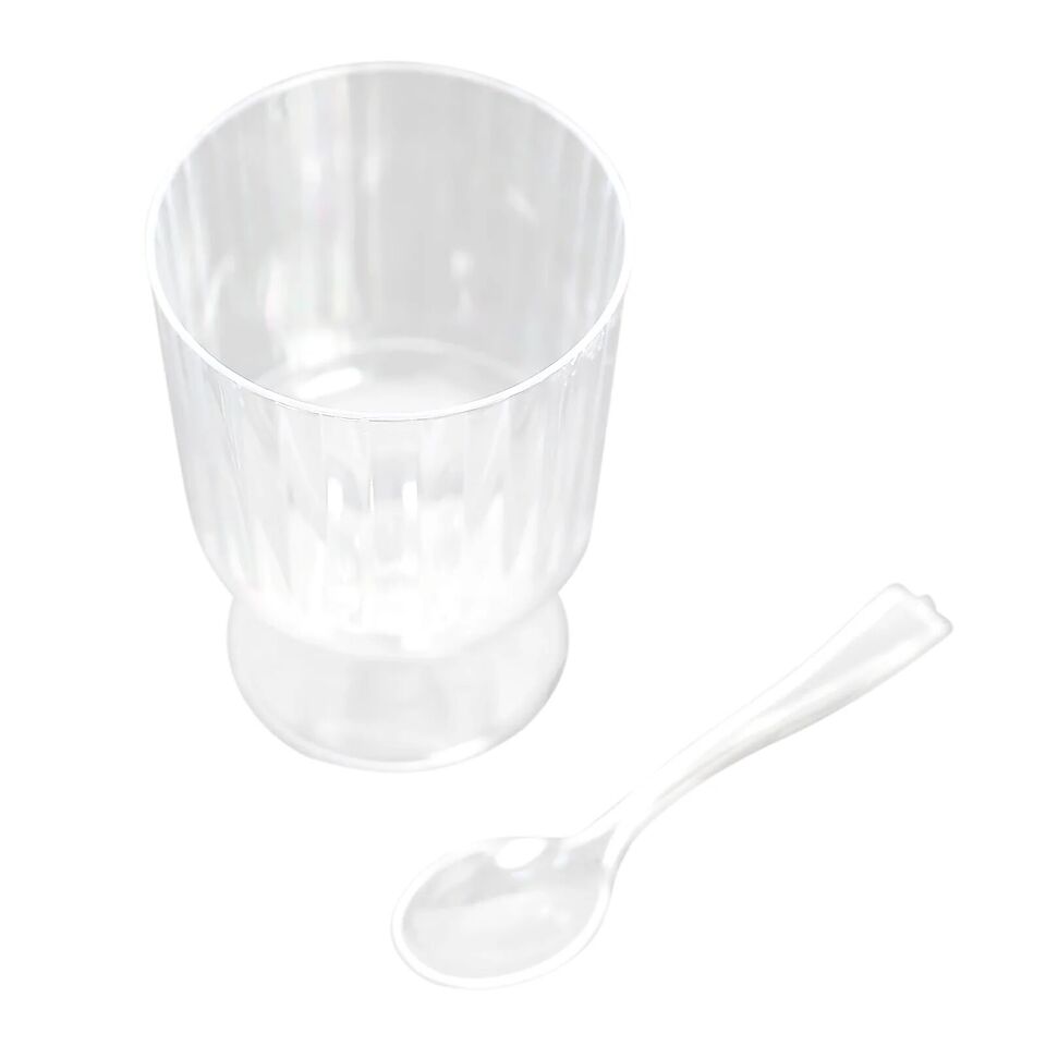 24 Clear 5 oz Disposable Ribbed Round Plastic Dessert CUPS Spoon