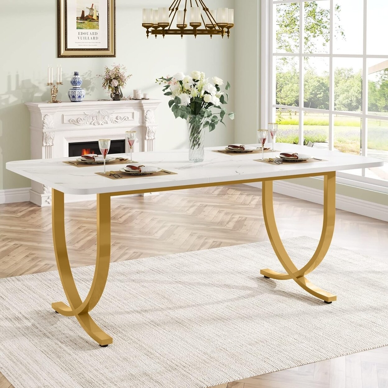 Tribesigns   Rectangular Dining Table for 4 63&#x22; Modern Kitchen Table with Faux Marble Table Top and Metal Legs