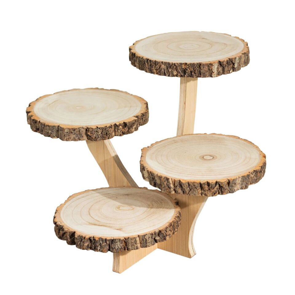 15 in Brown 4 Tier Round Natural Wood Cupcake Dessert Stand