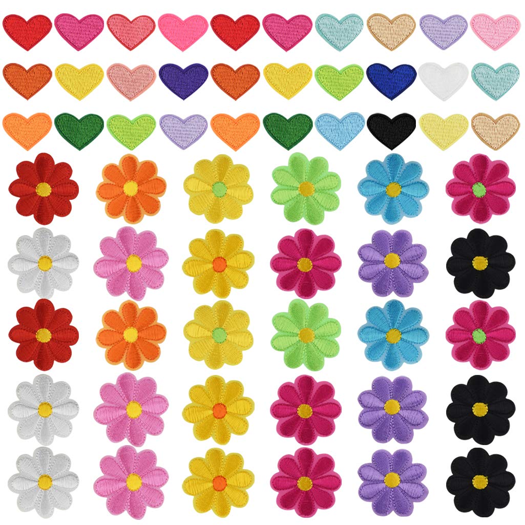 60 Pieces Iron On Patches Cute Mini Heart Iron-on sew-on Patches Flower Embroidered Applique Decoration Patches for Clothing Jackets Backpacks Jeans Hats Bags Multi-Colored DIY Accessory