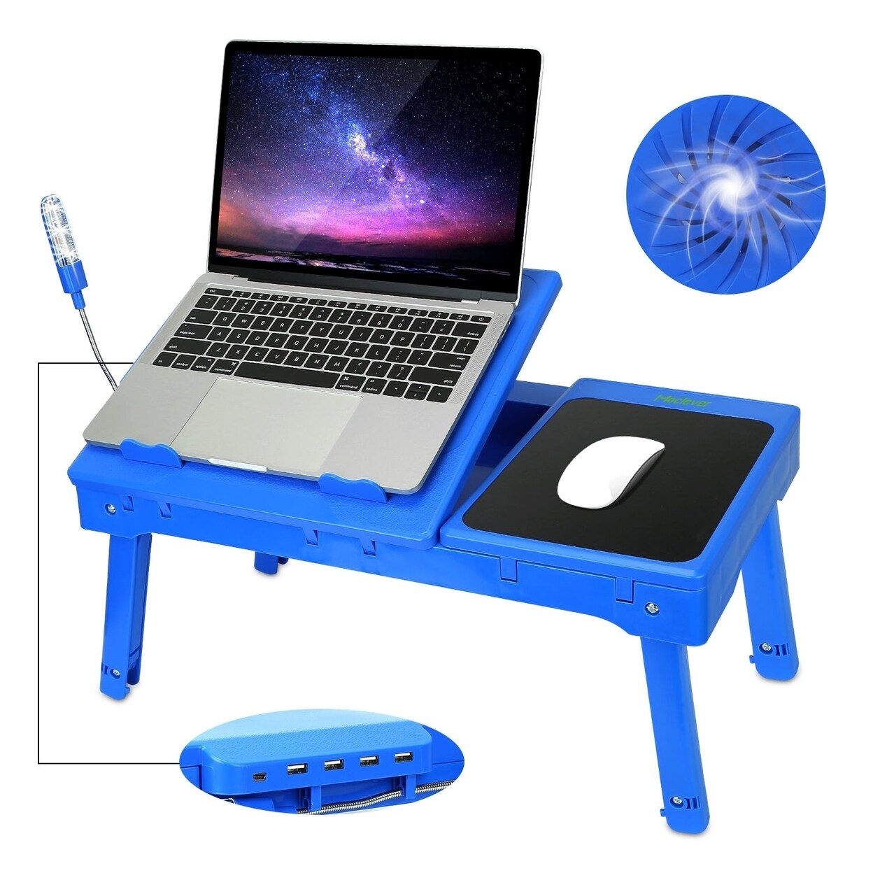 Foldable Laptop Table Bed Notebook Desk With Cooling Fan Mouse Board Led Light 4 Xusb Ports Breakfast Snacking Tray