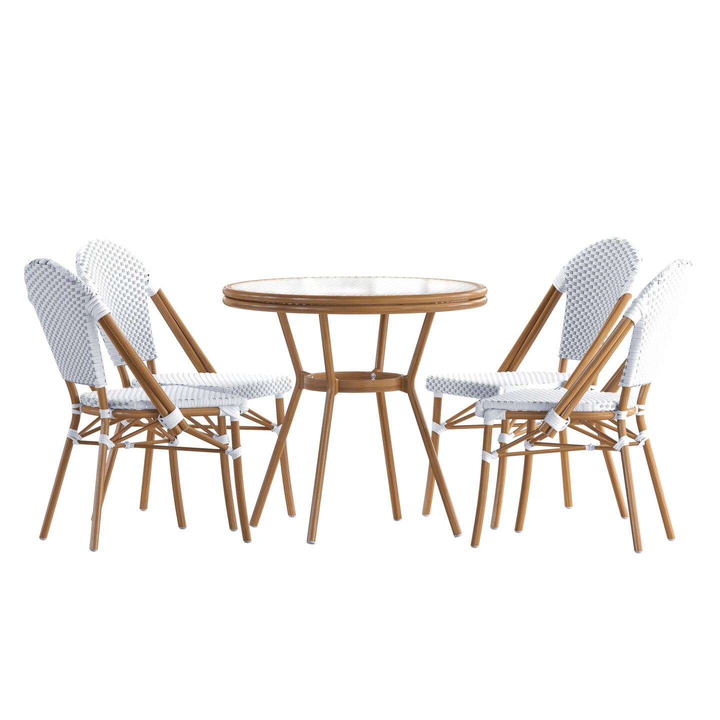 Merrick Lane Celia Bistro Style Table with Glass Top, PE Rattan, 4 Stack Chairs, and Bamboo Finished Metal Frame for Indoor/Outdoor Use