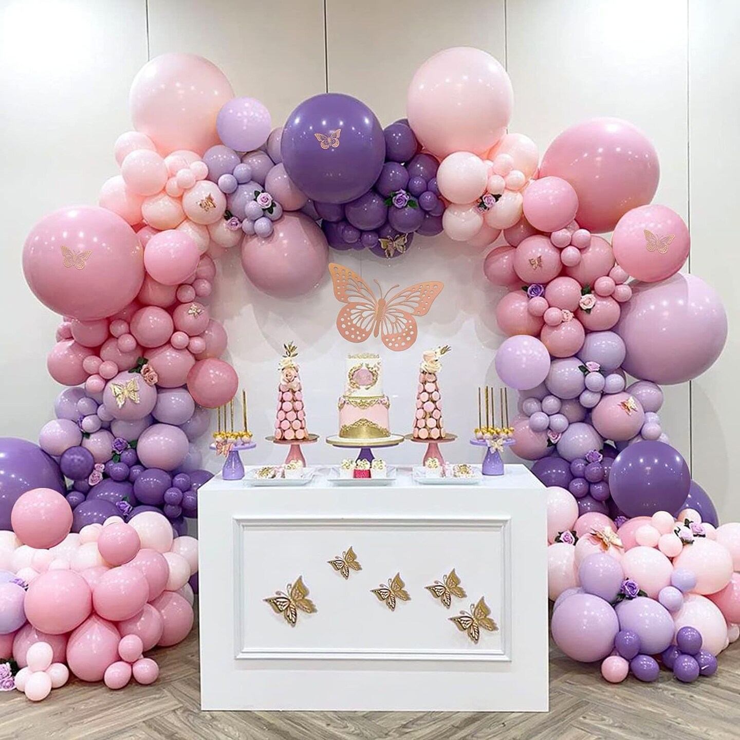 180pcs Pastel Pink Purple Balloon Garland Arch Kit Butterfly Stickers Baby Shower Decorations for Girl Birthday Party Bridal Shower Bachelorette Engagement Party Decorations