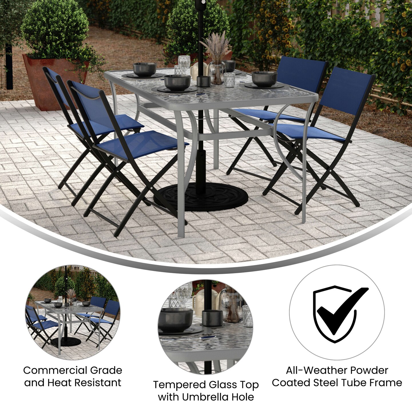 Emma and Oliver Tala Rectangular Tempered Glass Top Patio Table with Umbrella Hole and Black Steel Tube Frame