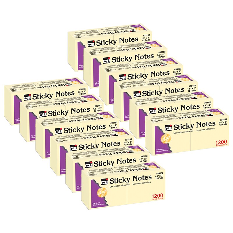 Sticky Notes, 1 1/2&#x22; x 2&#x22;, Plain, 100 Sheets/Pad, 12 Pads/Pack, 12 Packs