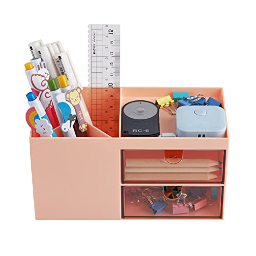 Office Desk Organizer with drawer, Office Supplies and Desk Accessories, Business Card/Pen/Pencil/Mobile Phone/Stationery Holder Storage Box (Pink)