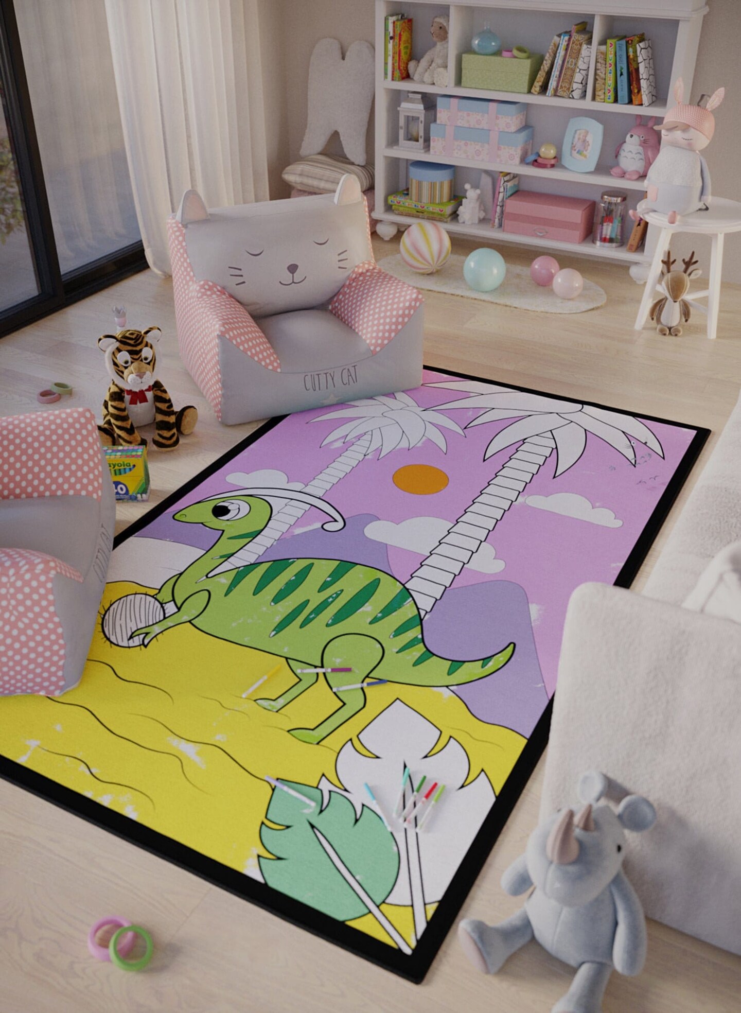Dinosaur Coloring Rug Tablecloth Poster Washable Markers Parasaurolophus Theme Playroom Decoration Room Gift For Kids Boy Gift For Artist