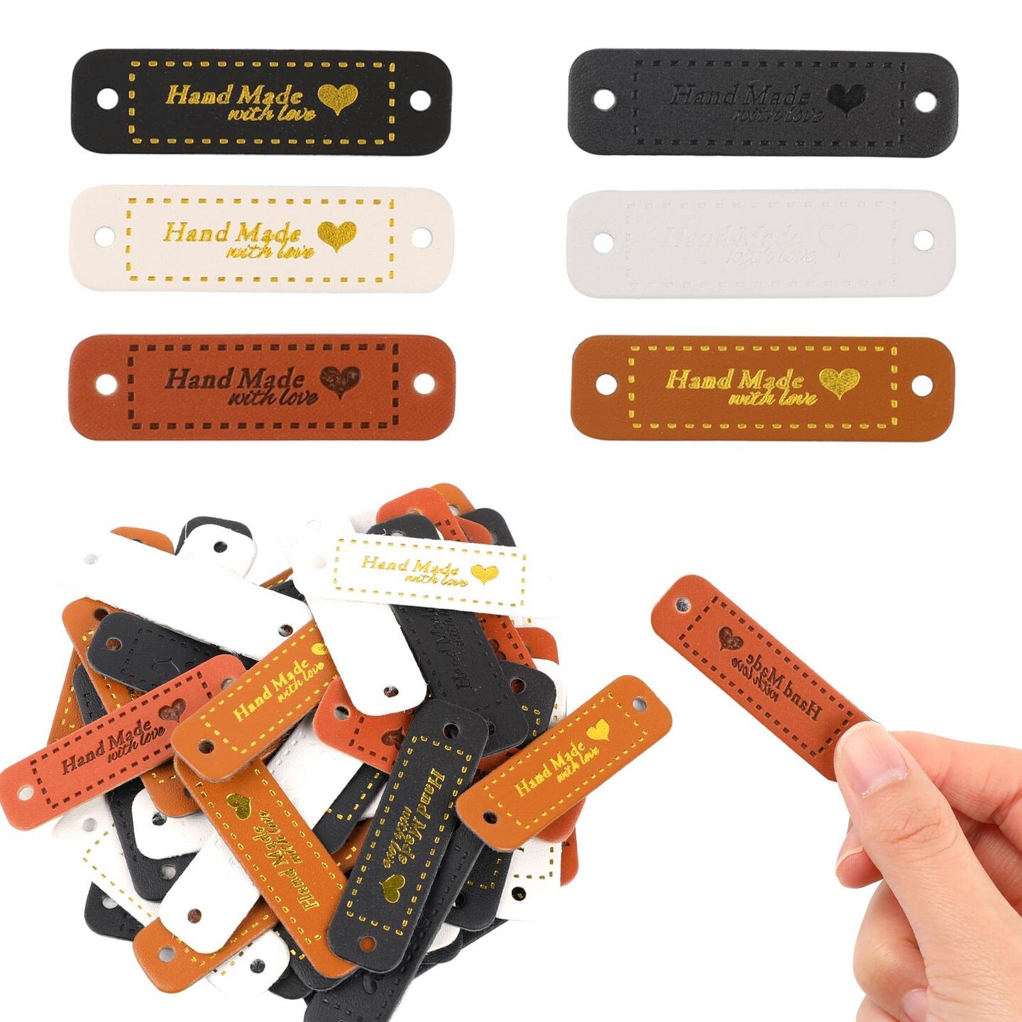 60 Pieces Handmade with Love Tags Handmade PU Leather Labels Sewing Labels for Handmade Items with Hole Microfiber Colorful Leather Labels for Embellishment Crochet Knitting Hats DIY Craft Supplies